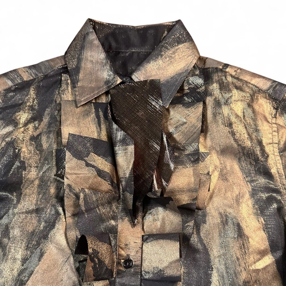 Ralph Lauren Purple Label Women’s Keara Ruffle Bib-Front Metallic Lame Shirt - Picture 2 of 5